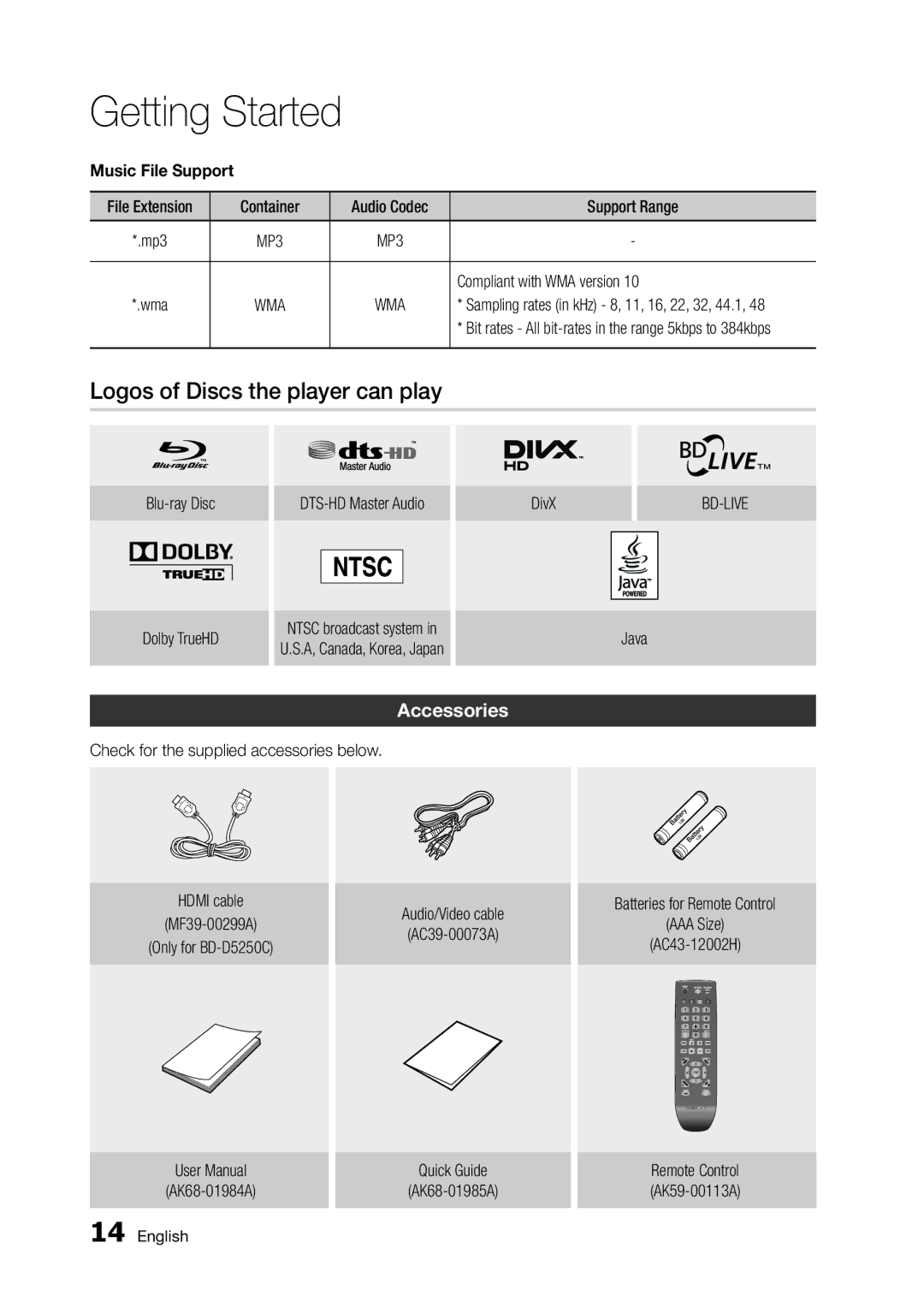 Samsung BD-D5250C user manual Logos of Discs the player can play, Accessories, Music File Support 