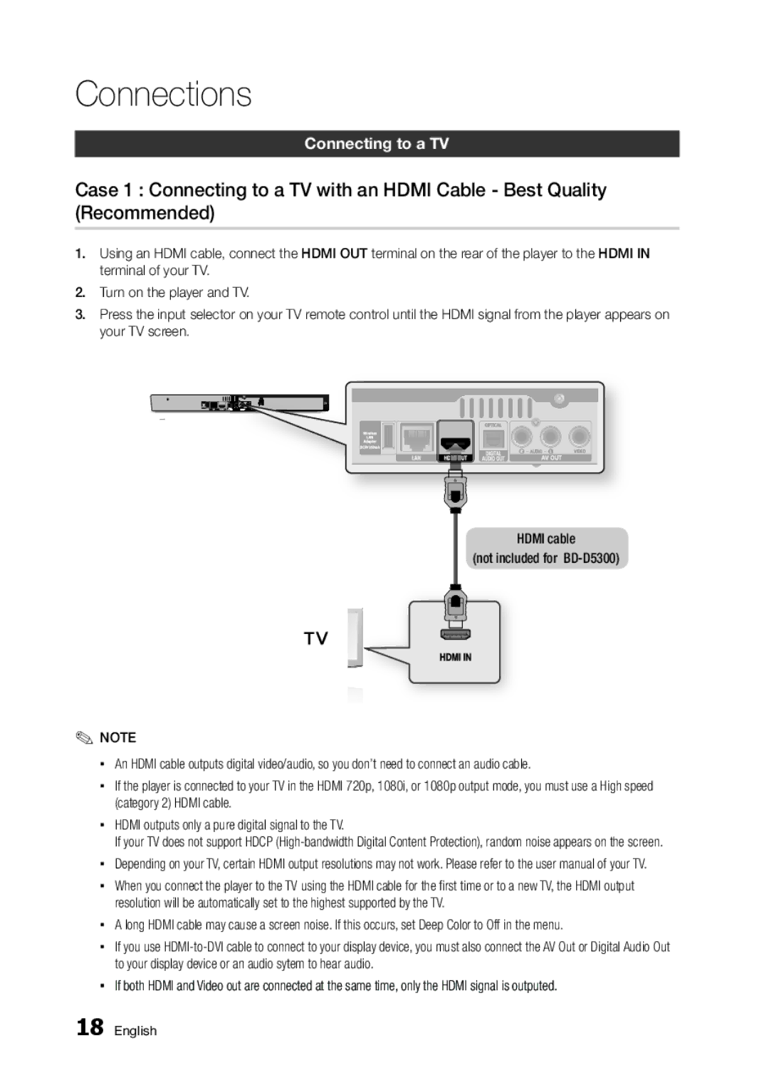 Samsung BD-D5250C user manual Connections, Connecting to a TV 