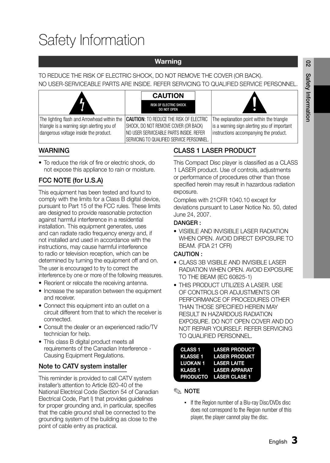 Samsung BD-D5250C user manual Safety Information, FCC Note for U.S.A 