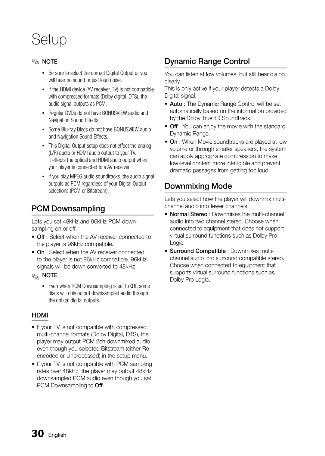 Samsung BD-D5250C user manual PCM Downsampling, Dynamic Range Control, Downmixing Mode 