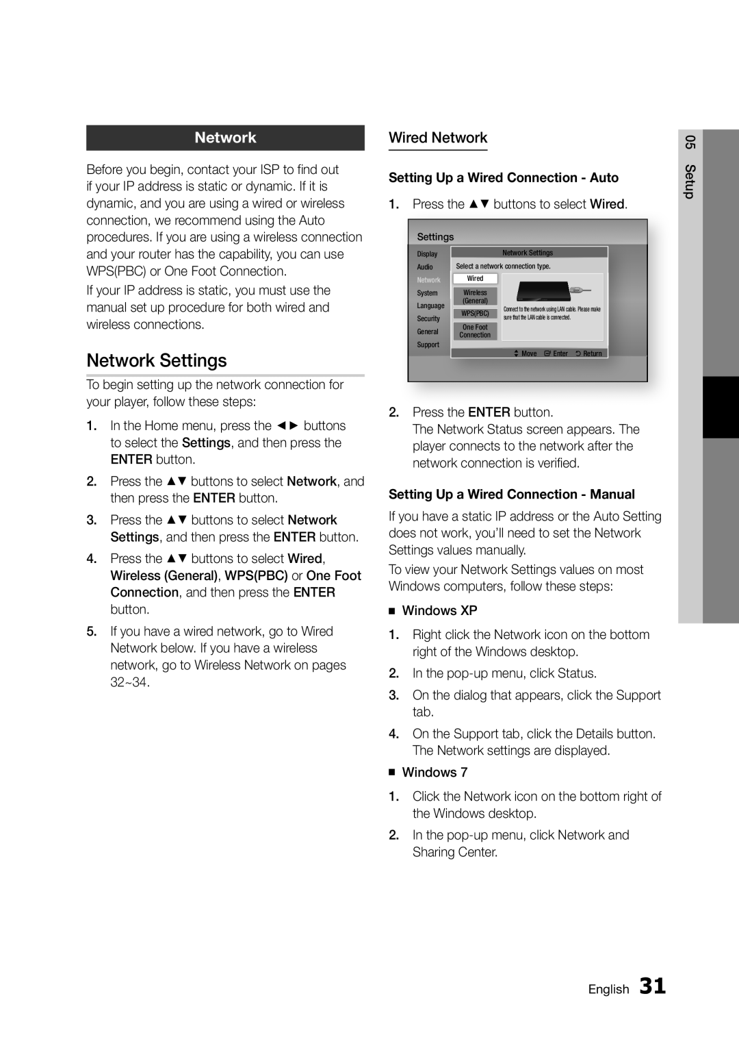 Samsung BD-D5250C user manual Network Settings, Wired Network, Setting Up a Wired Connection Auto 