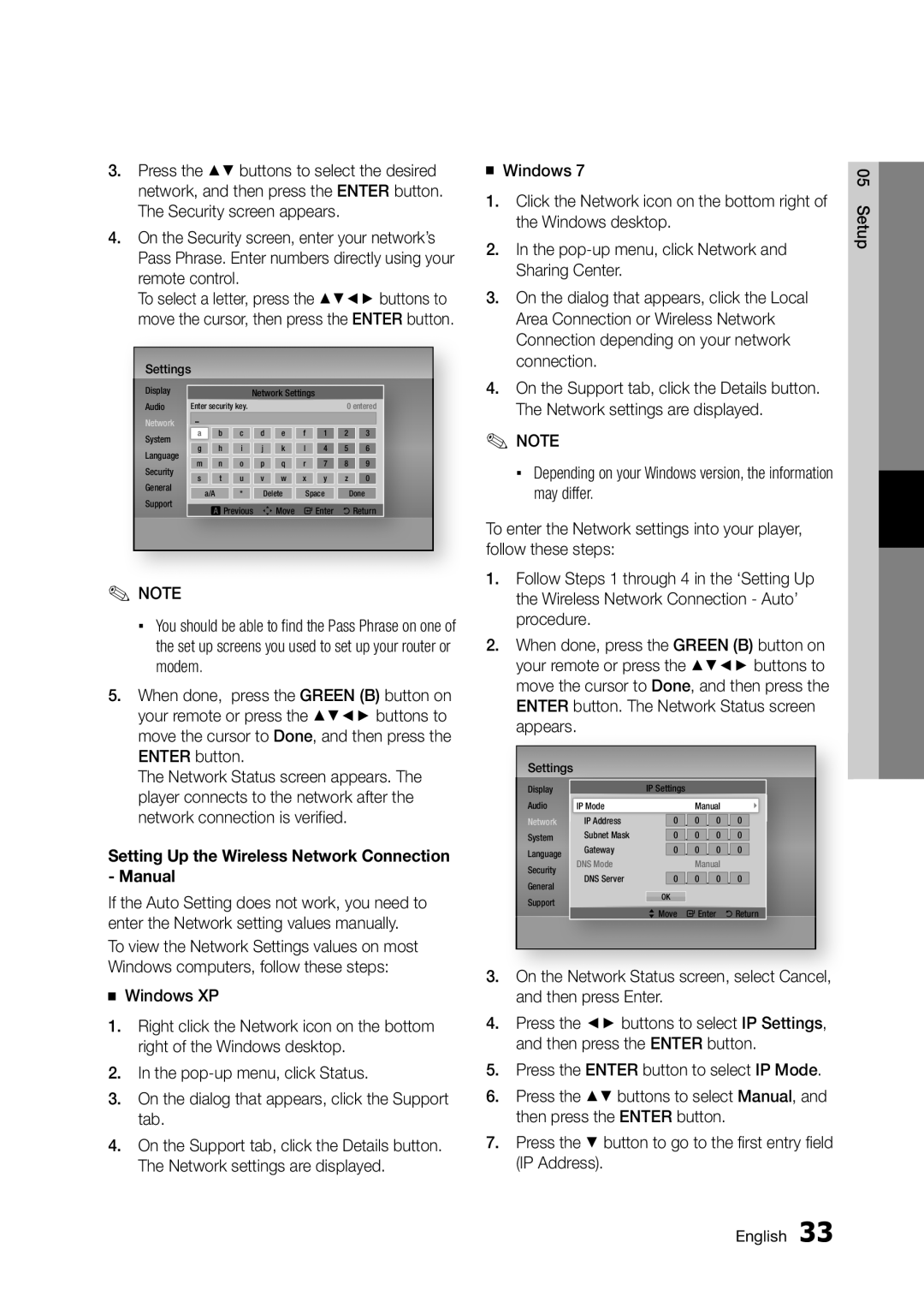 Samsung BD-D5250C user manual Setting Up the Wireless Network Connection Manual 