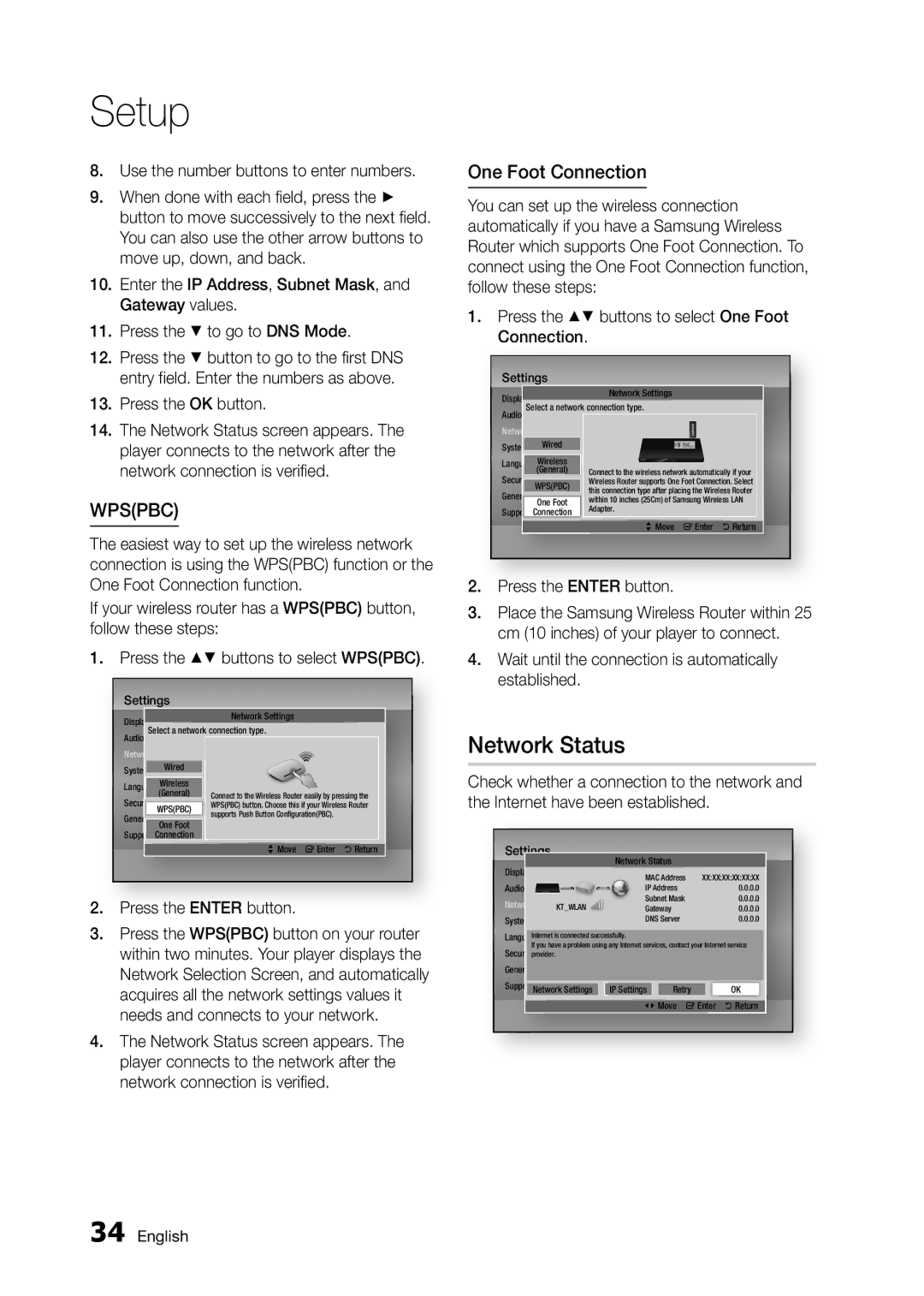 Samsung BD-D5250C user manual Network Status, One Foot Connection, Press the OK button 