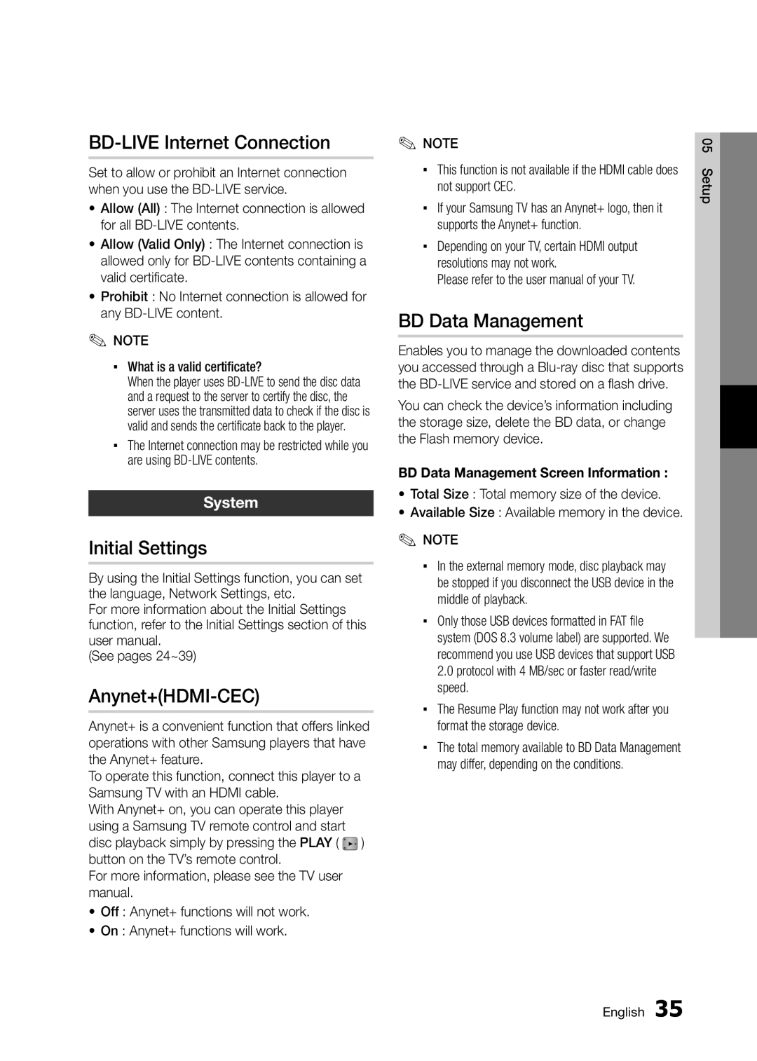 Samsung BD-D5250C user manual BD-LIVE Internet Connection, Initial Settings, Anynet+HDMI-CEC, BD Data Management, System 