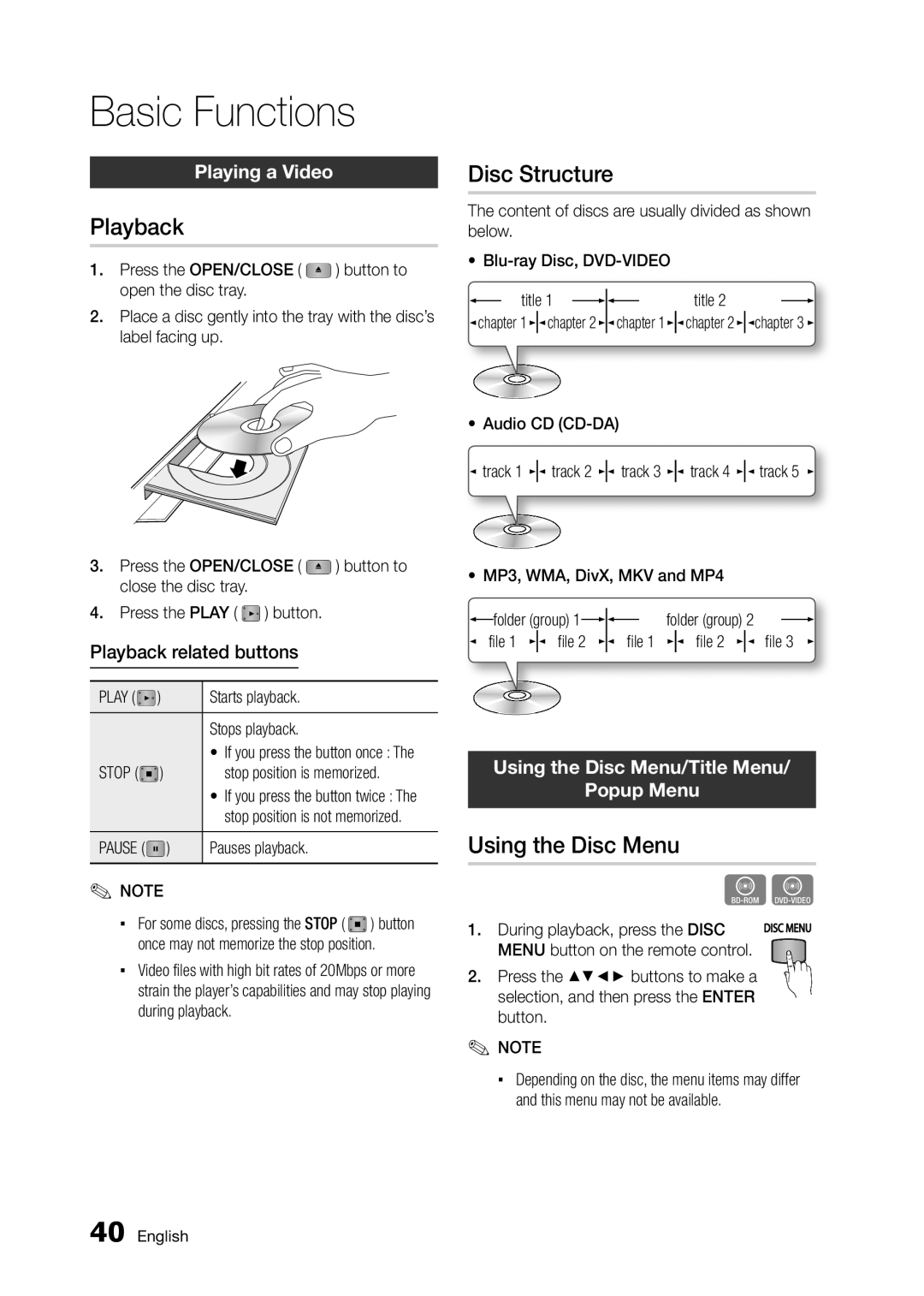 Samsung BD-D5250C user manual Basic Functions, Playback, Disc Structure, Using the Disc Menu 