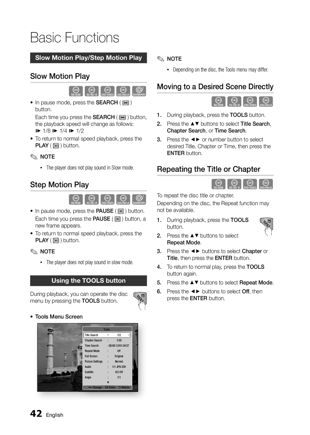 Samsung BD-D5250C Slow Motion Play, Step Motion Play, Moving to a Desired Scene Directly, Repeating the Title or Chapter 