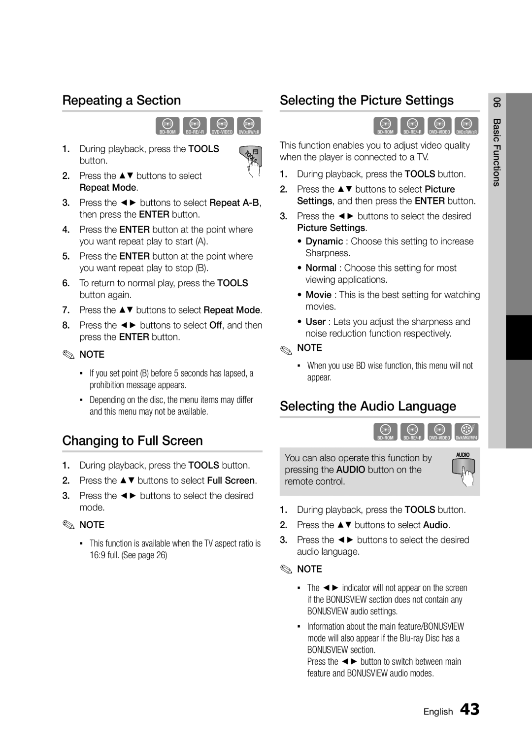 Samsung BD-D5250C user manual Repeating a Section, Changing to Full Screen, Selecting the Picture Settings 