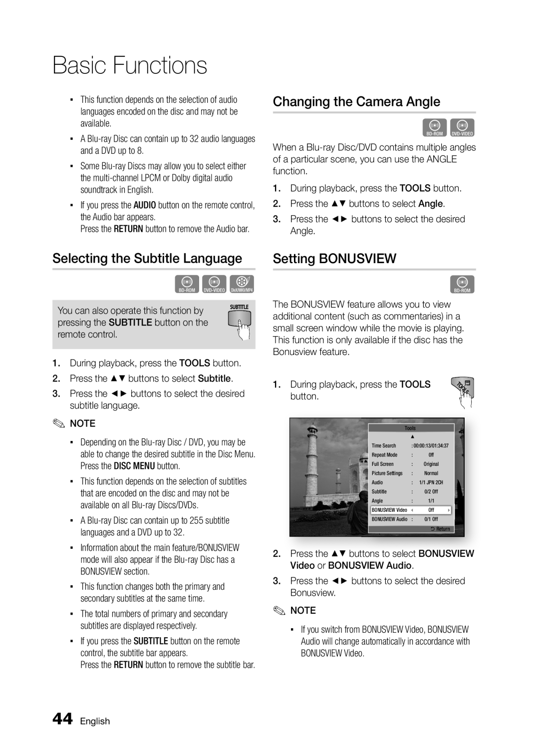 Samsung BD-D5250C user manual Changing the Camera Angle, Selecting the Subtitle Language, Setting Bonusview 