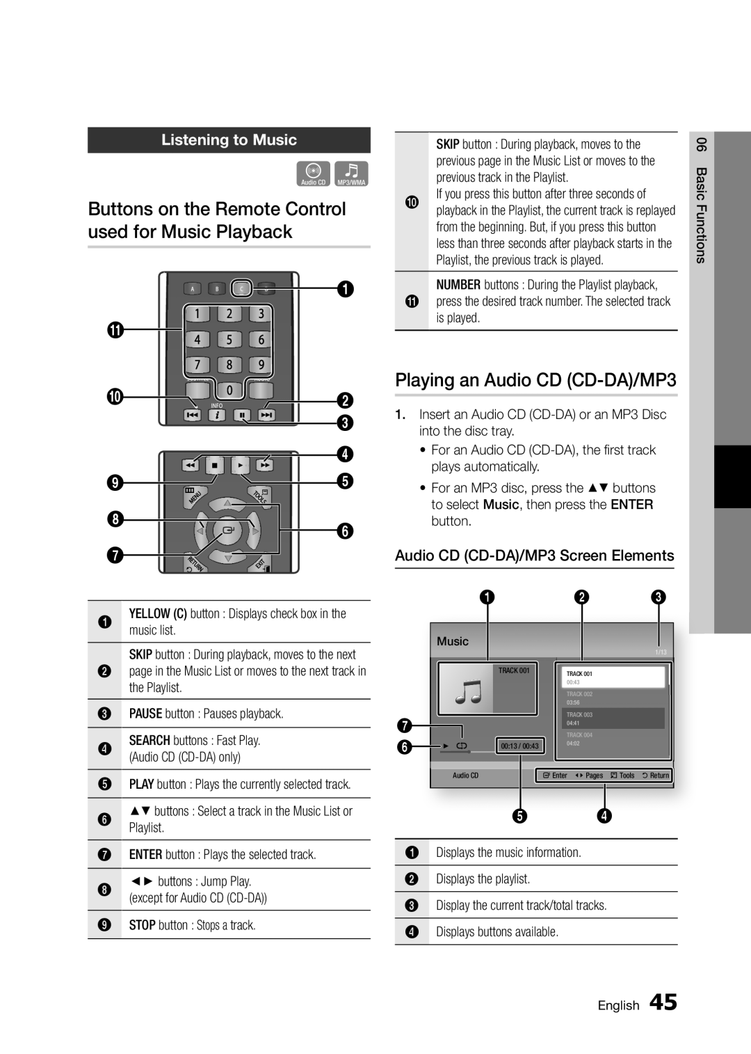 Samsung BD-D5250C Buttons on the Remote Control used for Music Playback, Playing an Audio CD CD-DA/MP3, Listening to Music 