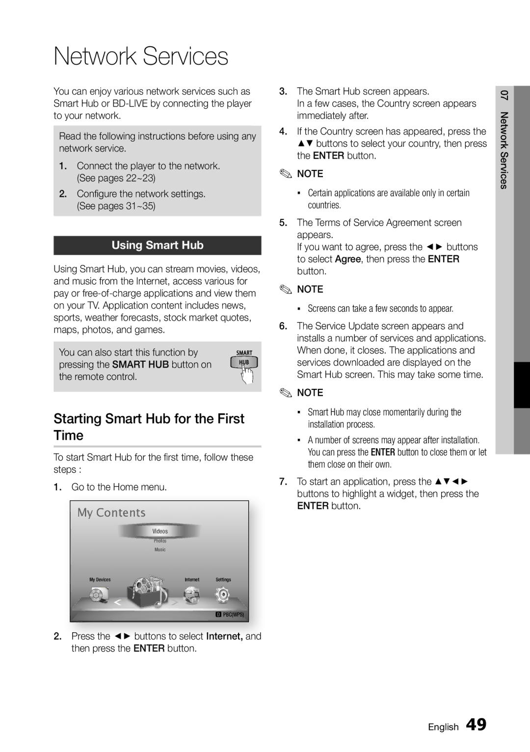 Samsung BD-D5250C user manual Network Services, Starting Smart Hub for the First Time, Using Smart Hub 