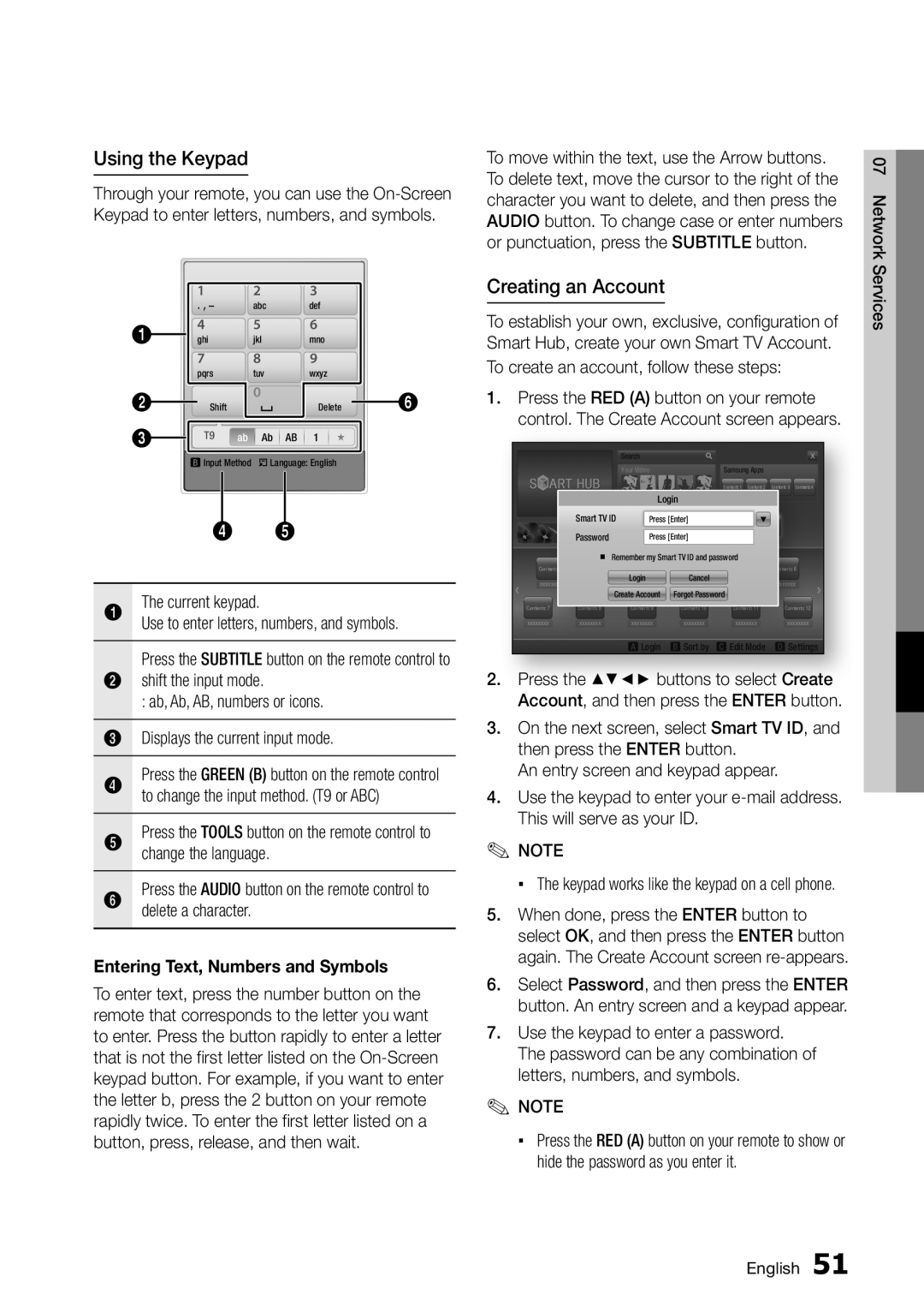 Samsung BD-D5250C user manual Using the Keypad, Creating an Account, Entering Text, Numbers and Symbols 