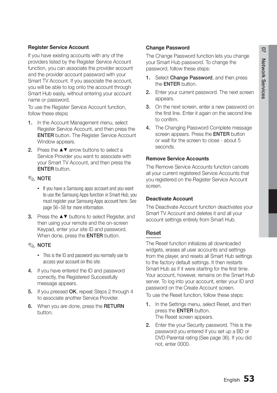 Samsung BD-D5250C user manual Reset, Register Service Account, Change Password, Remove Service Accounts, Deactivate Account 