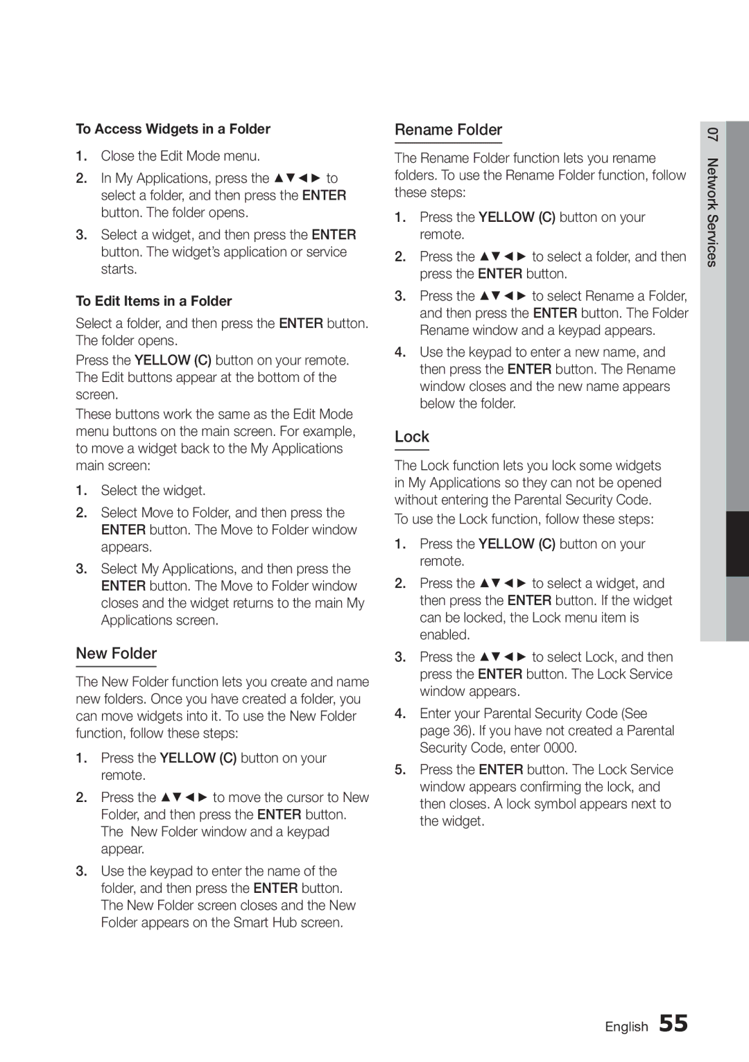 Samsung BD-D5250C user manual New Folder, Rename Folder, Lock, To Access Widgets in a Folder, To Edit Items in a Folder 