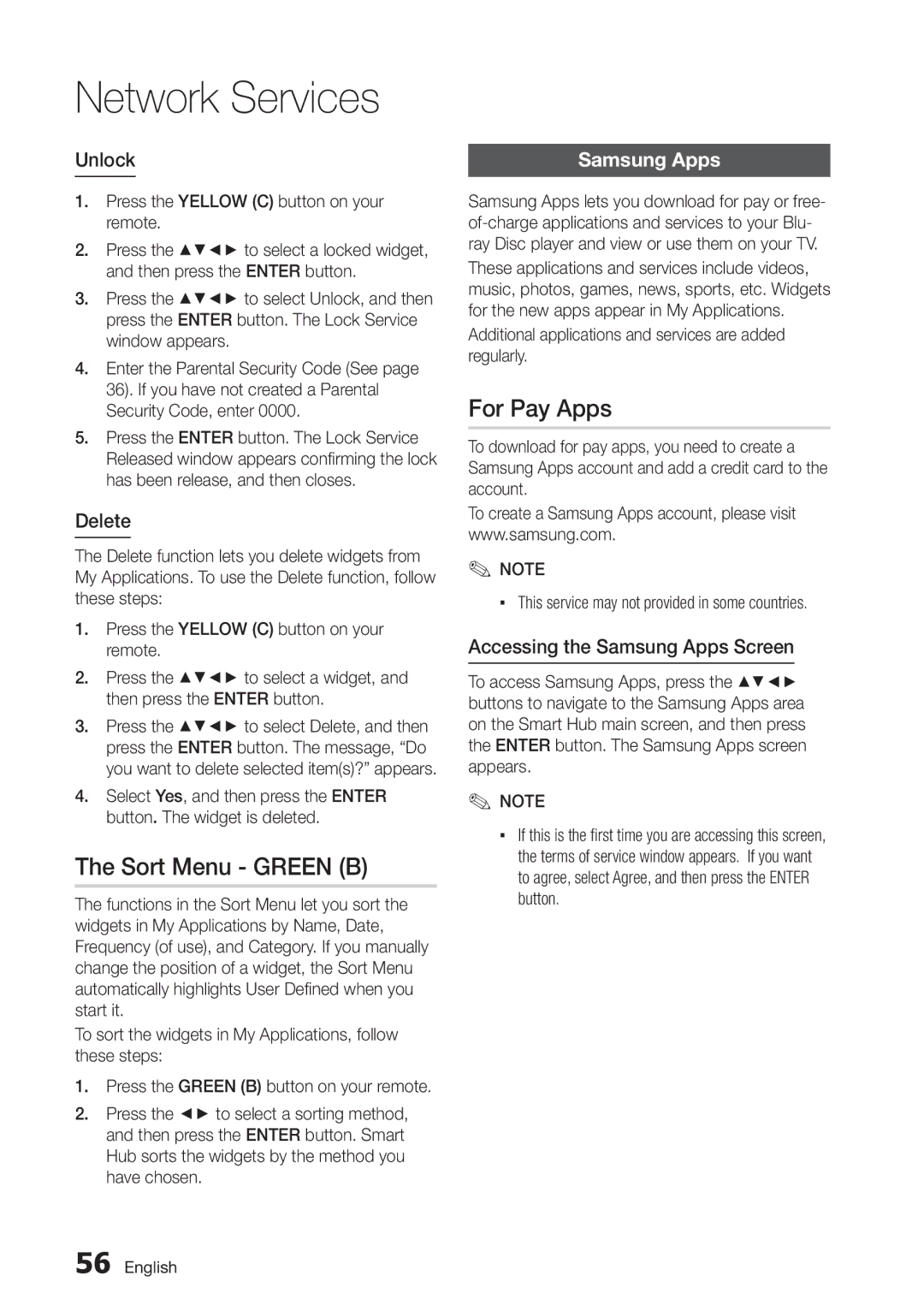 Samsung BD-D5250C user manual Sort Menu Green B, For Pay Apps, Samsung Apps 