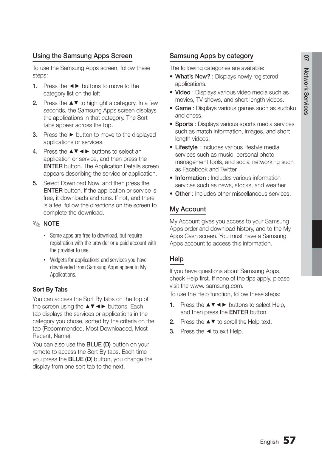 Samsung BD-D5250C user manual Using the Samsung Apps Screen, Samsung Apps by category, My Account, Help, Sort By Tabs 