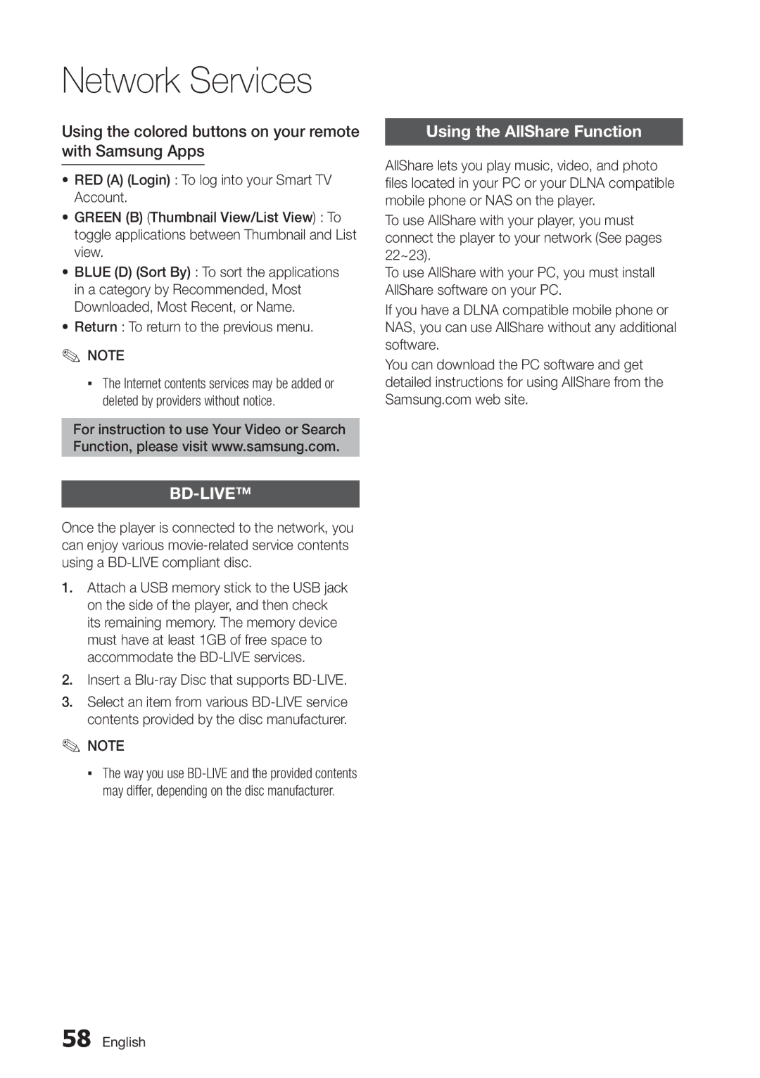 Samsung BD-D5250C user manual Using the colored buttons on your remote with Samsung Apps, Using the AllShare Function 