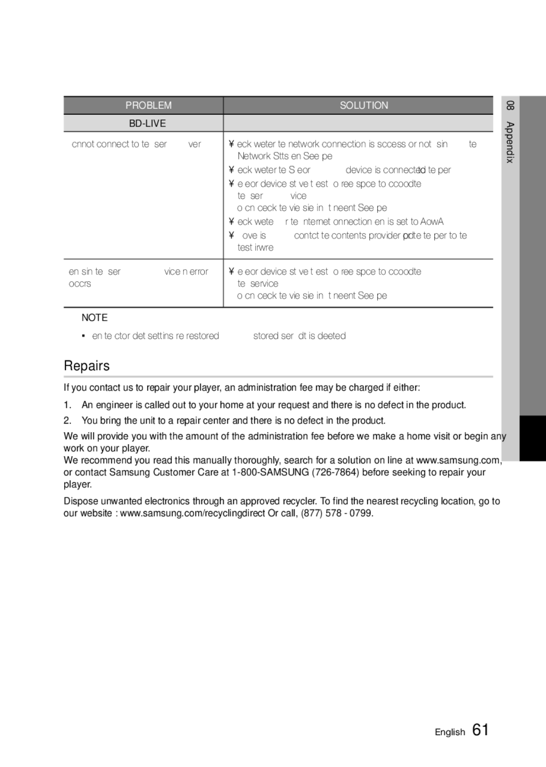 Samsung BD-D5250C user manual Repairs, Network Status menu. See, Latest firmware, Occurs BD-LIVE service 