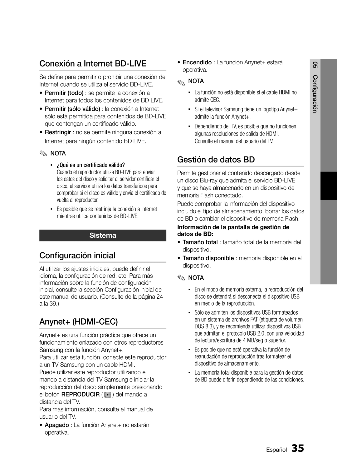 Samsung BD-D5300 Conexión a Internet BD-LIVE, Configuración inicial, Anynet+ HDMI-CEC, Gestión de datos BD, Sistema 