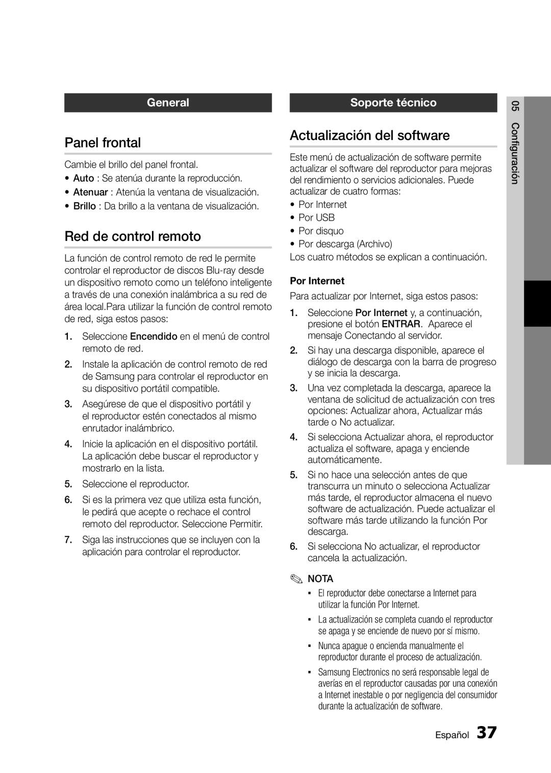 Samsung BD-D5300 Panel frontal, Red de control remoto, Actualización del software, Soporte técnico, Por Internet 