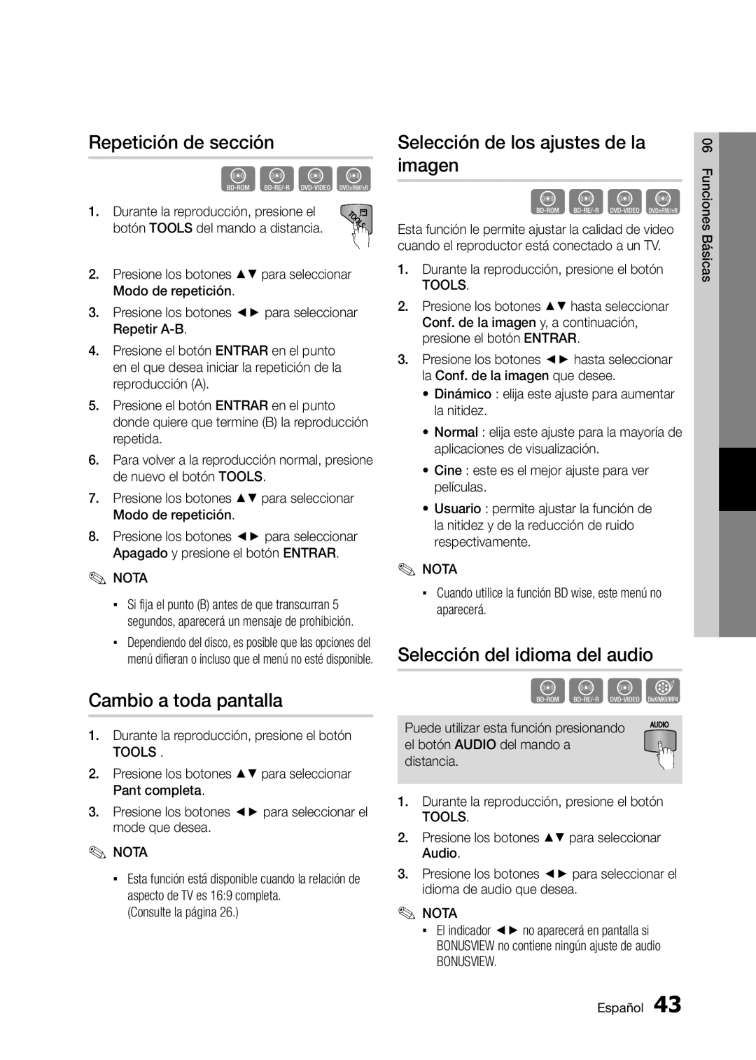 Samsung BD-D5300 user manual Repetición de sección, Cambio a toda pantalla, Selección de los ajustes de la imagen 