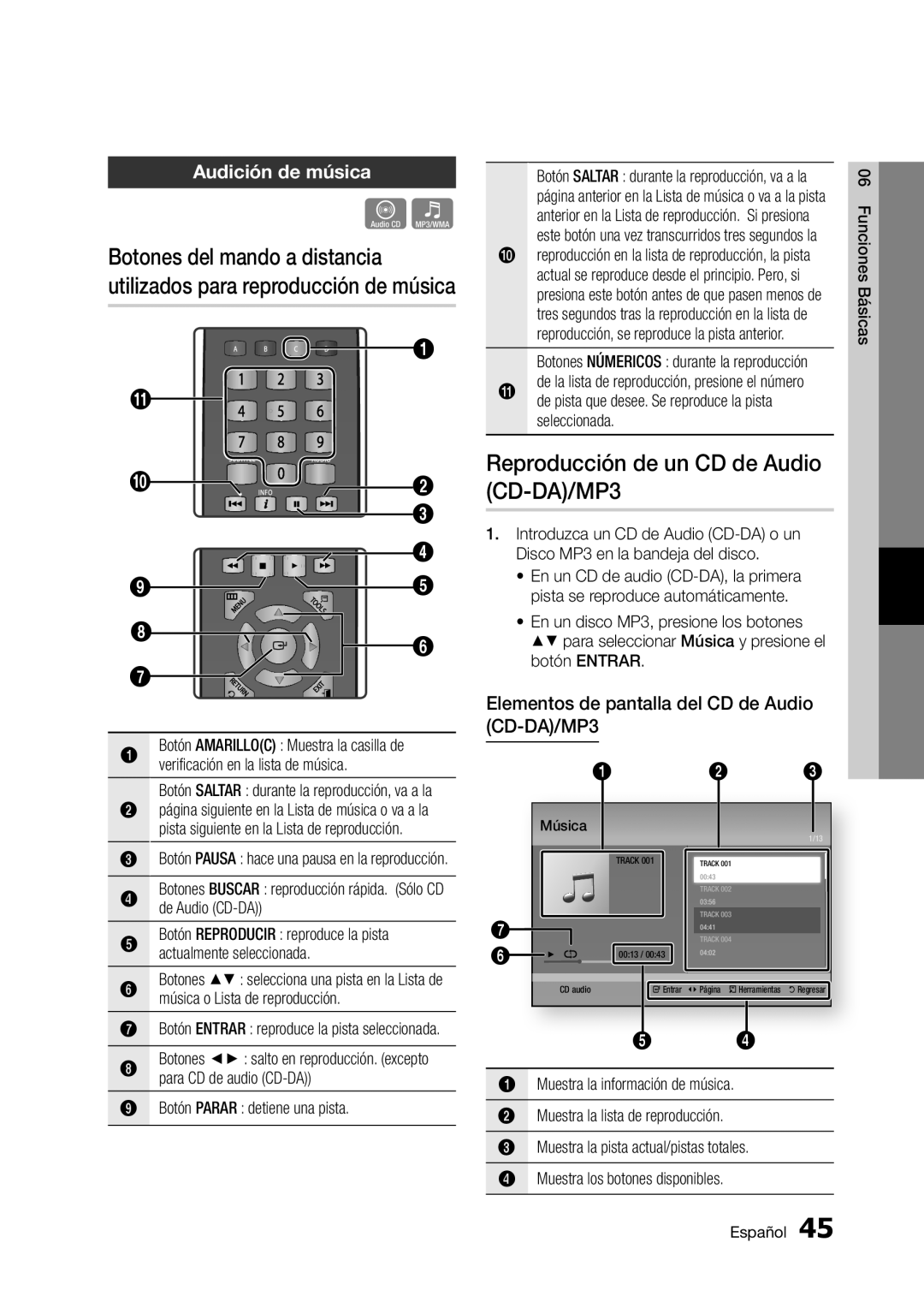 Samsung BD-D5300 user manual Reproducción de un CD de Audio CD-DA/MP3, Audición de música 