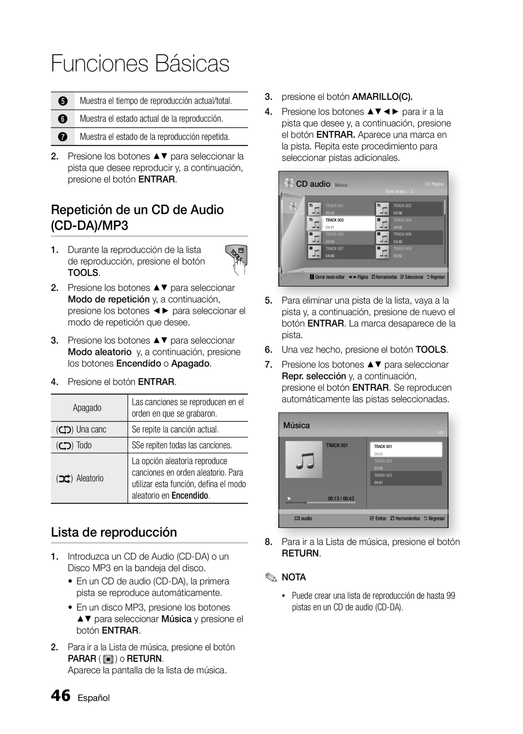 Samsung BD-D5300 user manual Repetición de un CD de Audio CD-DA/MP3, Lista de reproducción, Return Nota 