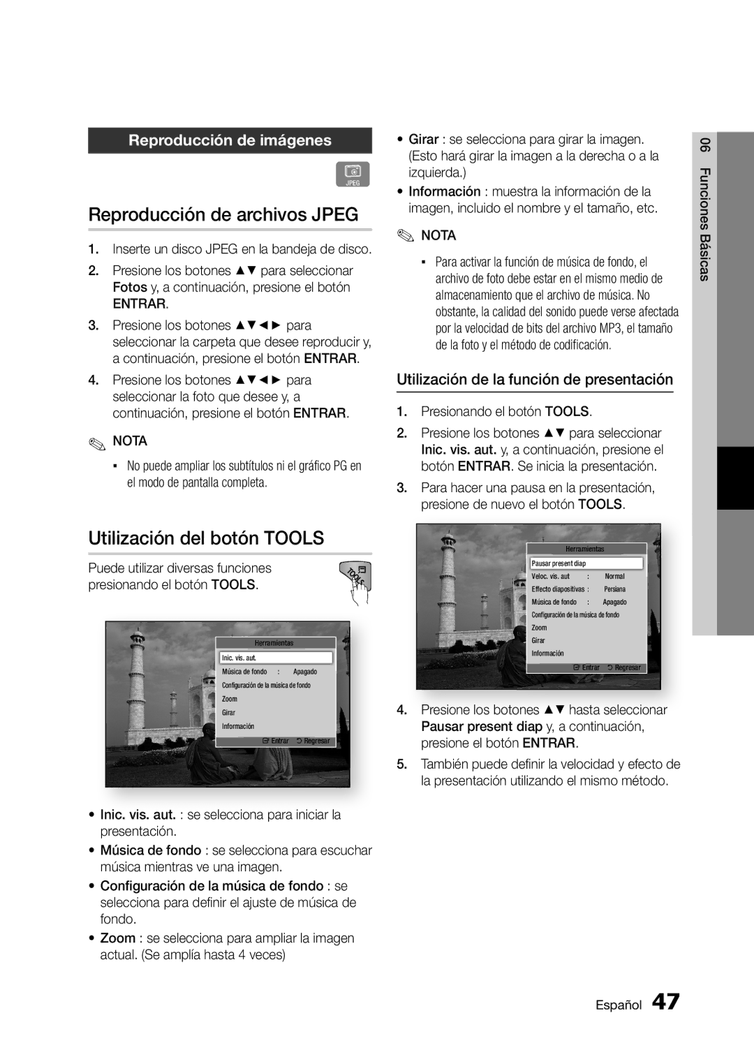 Samsung BD-D5300 user manual Reproducción de archivos Jpeg, Utilización del botón Tools, Reproducción de imágenes 