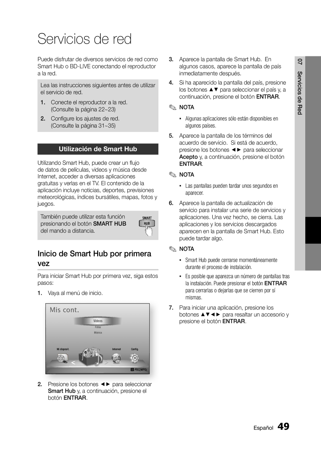 Samsung BD-D5300 user manual Servicios de red, Inicio de Smart Hub por primera vez, Utilización de Smart Hub, Entrar Nota 