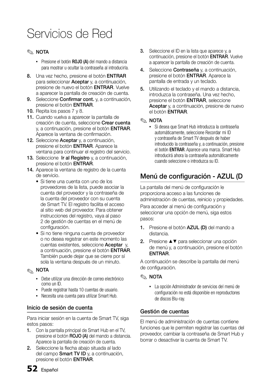 Samsung BD-D5300 user manual Menú de configuración Azul D, Inicio de sesión de cuenta, Gestión de cuentas 