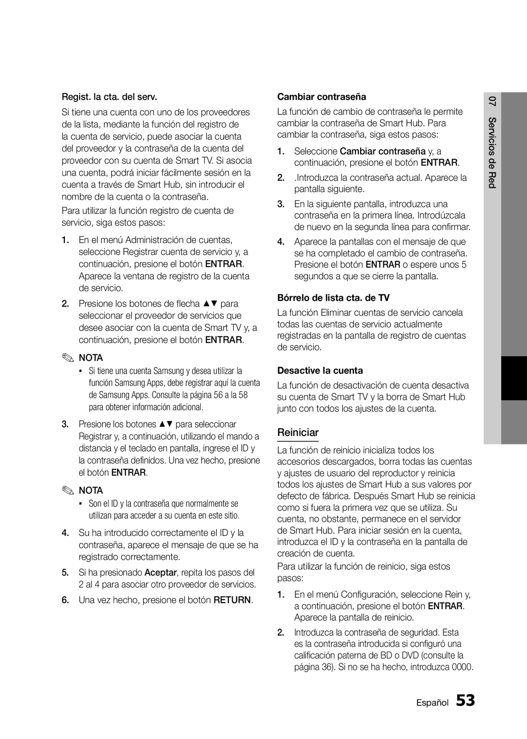 Samsung BD-D5300 user manual Reiniciar, Cambiar contraseña, Bórrelo de lista cta. de TV, Desactive la cuenta 