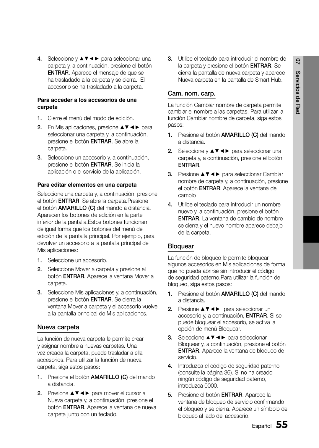 Samsung BD-D5300 user manual Nueva carpeta, Cam. nom. carp, Bloquear, Para acceder a los accesorios de una carpeta 