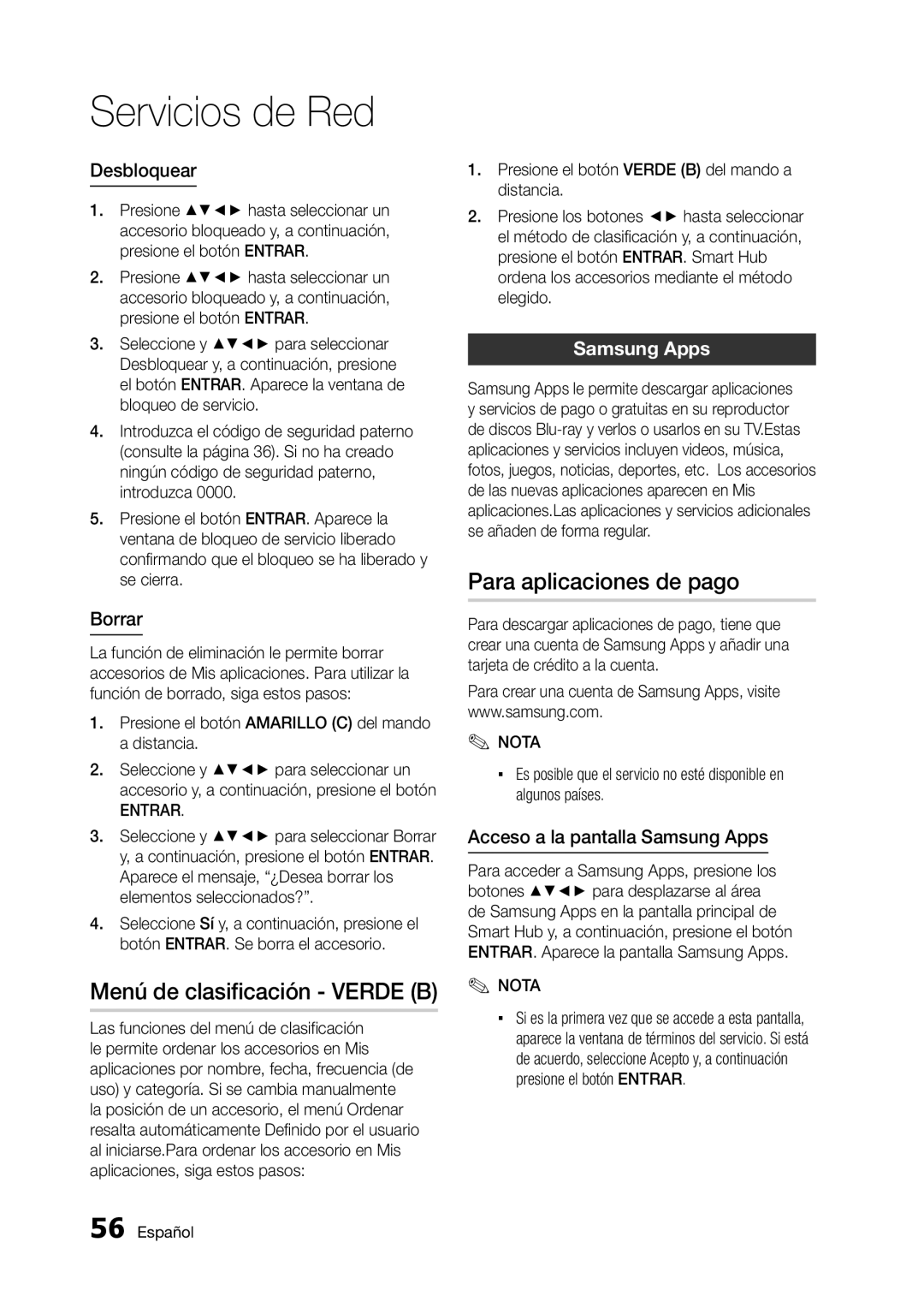 Samsung BD-D5300 user manual Menú de clasificación Verde B, Para aplicaciones de pago, Desbloquear, Borrar 