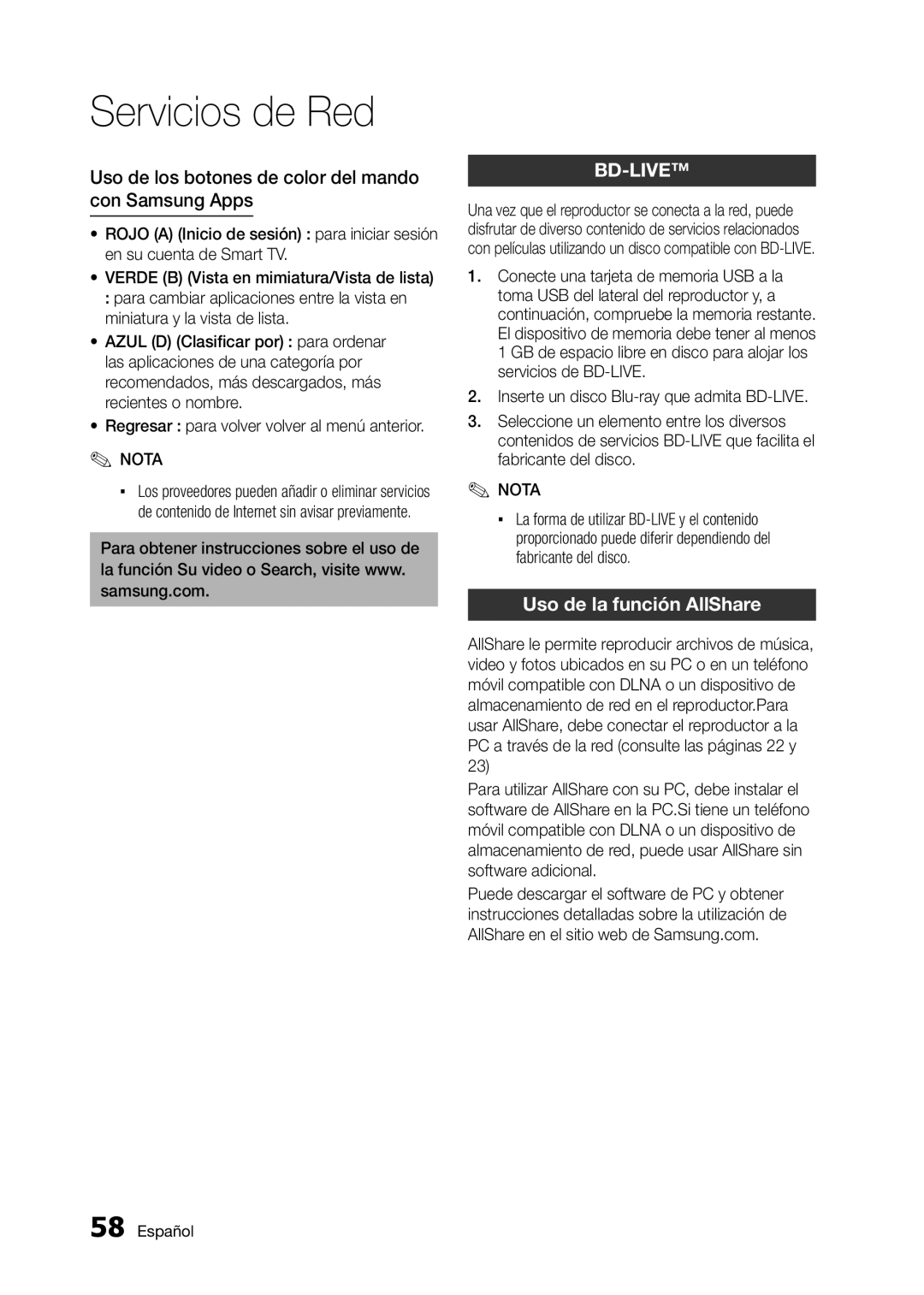 Samsung BD-D5300 user manual Uso de los botones de color del mando con Samsung Apps, Uso de la función AllShare 