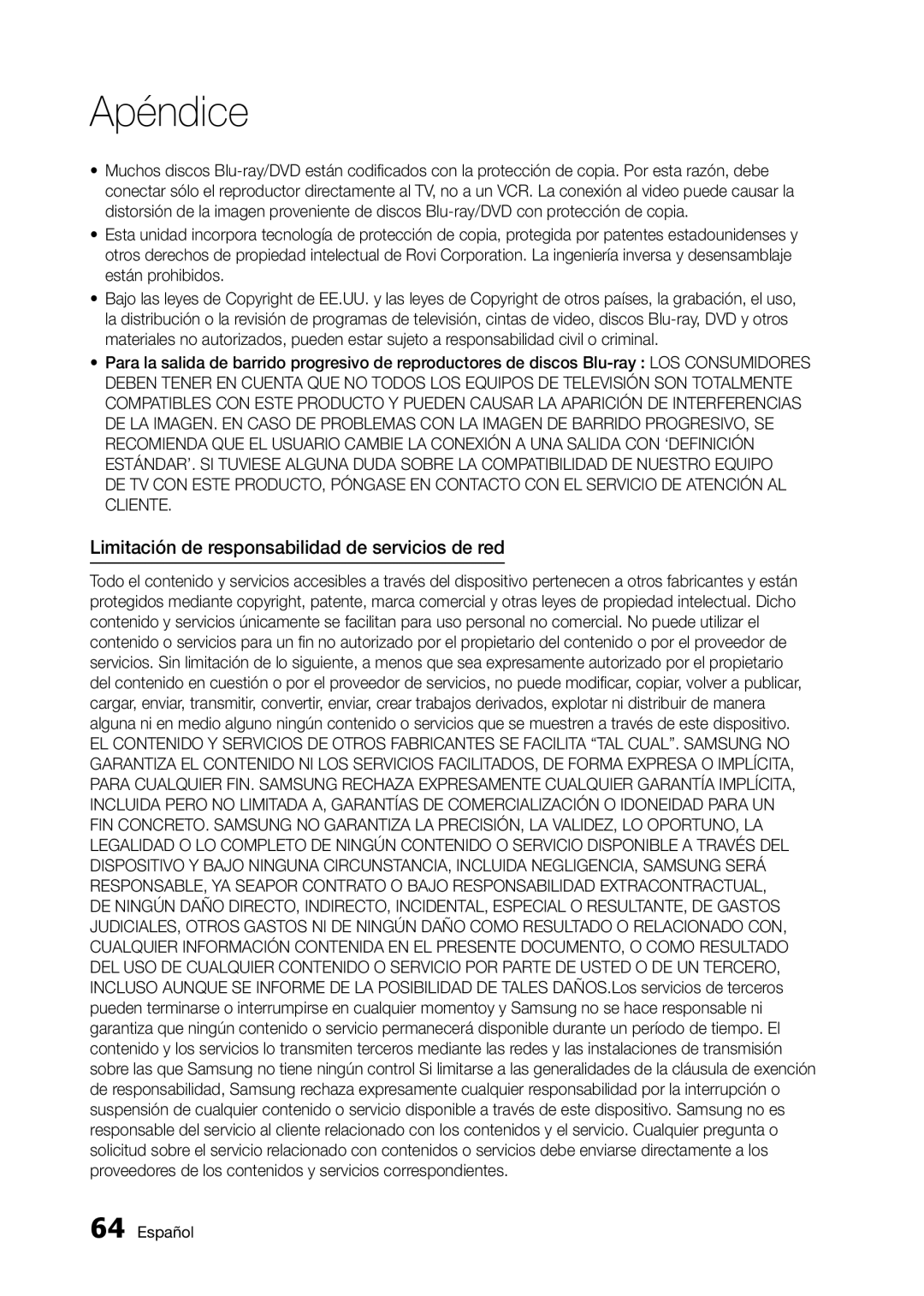 Samsung BD-D5300 user manual Limitación de responsabilidad de servicios de red 