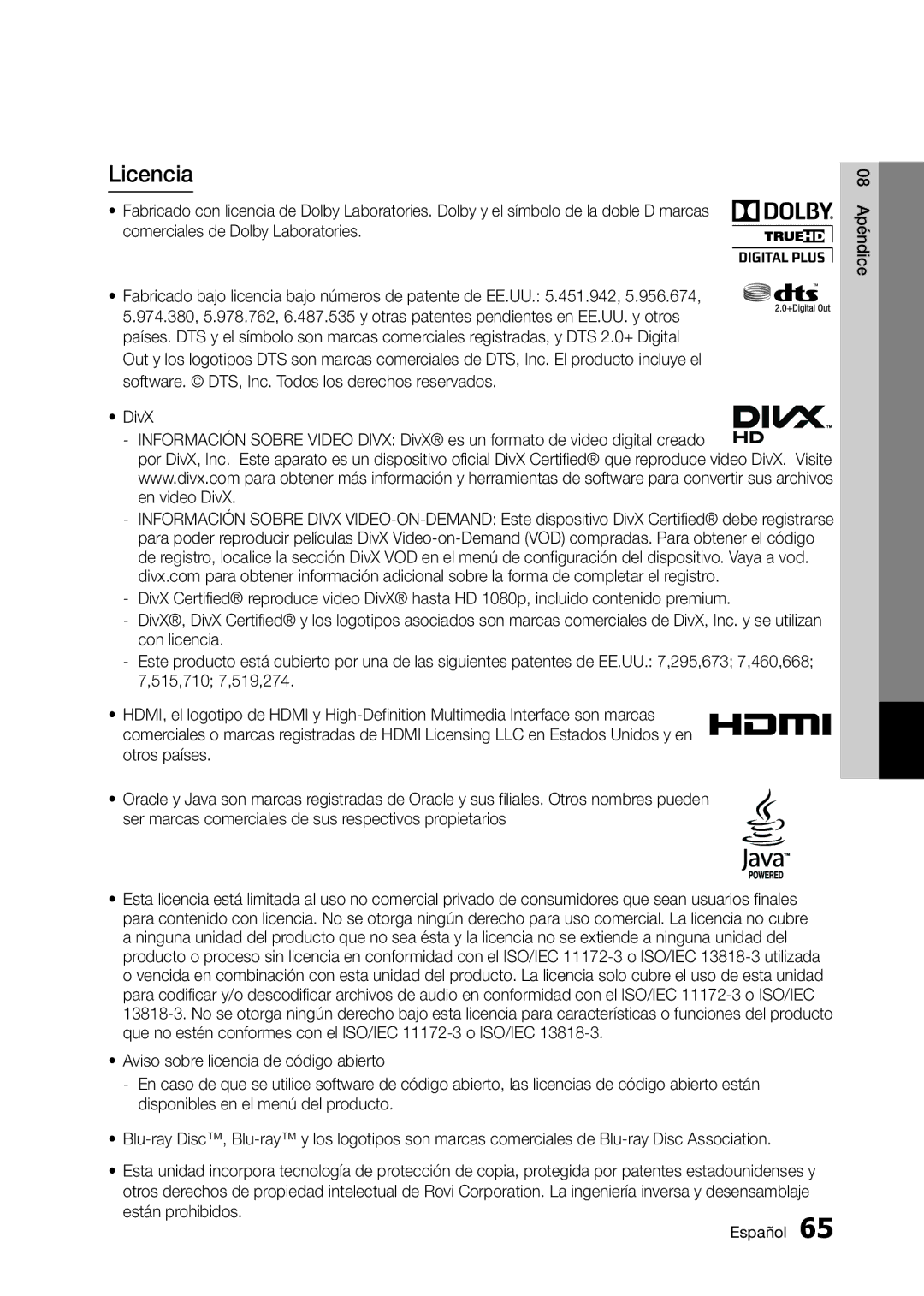 Samsung BD-D5300 user manual Licencia, Están prohibidos.65Español 