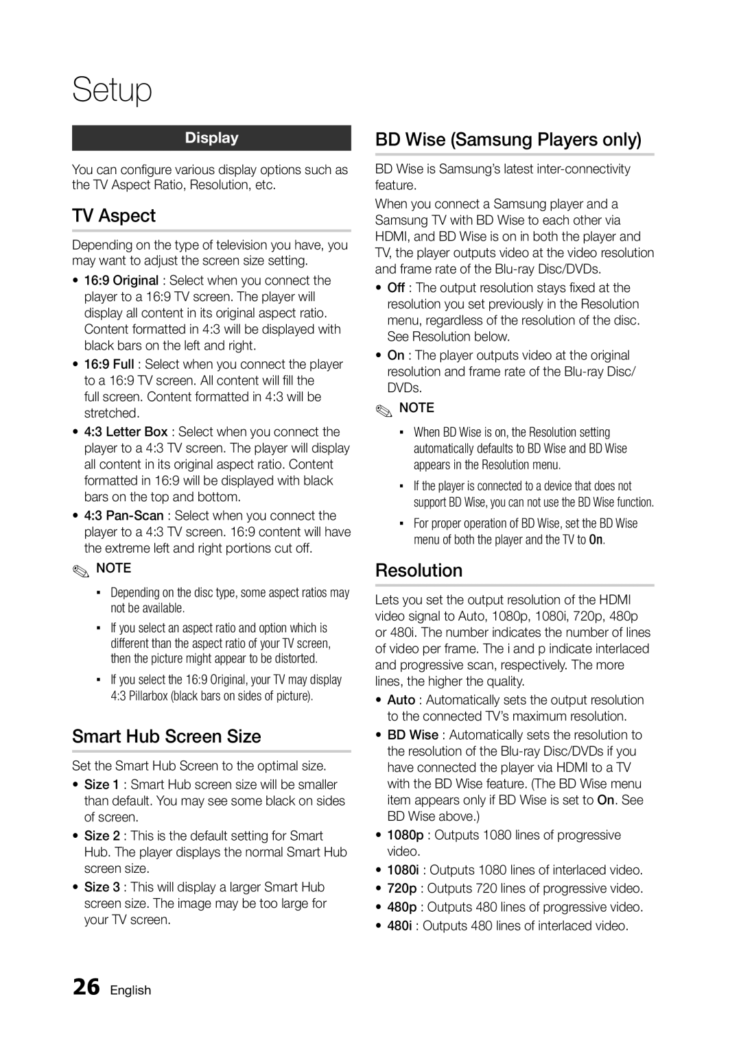 Samsung BD-D5300 user manual TV Aspect, Smart Hub Screen Size, BD Wise Samsung Players only, Resolution, Display 