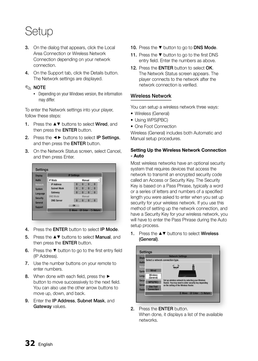 Samsung BD-D5300 Setting Up the Wireless Network Connection Auto, Press the buttons to select Wireless General 