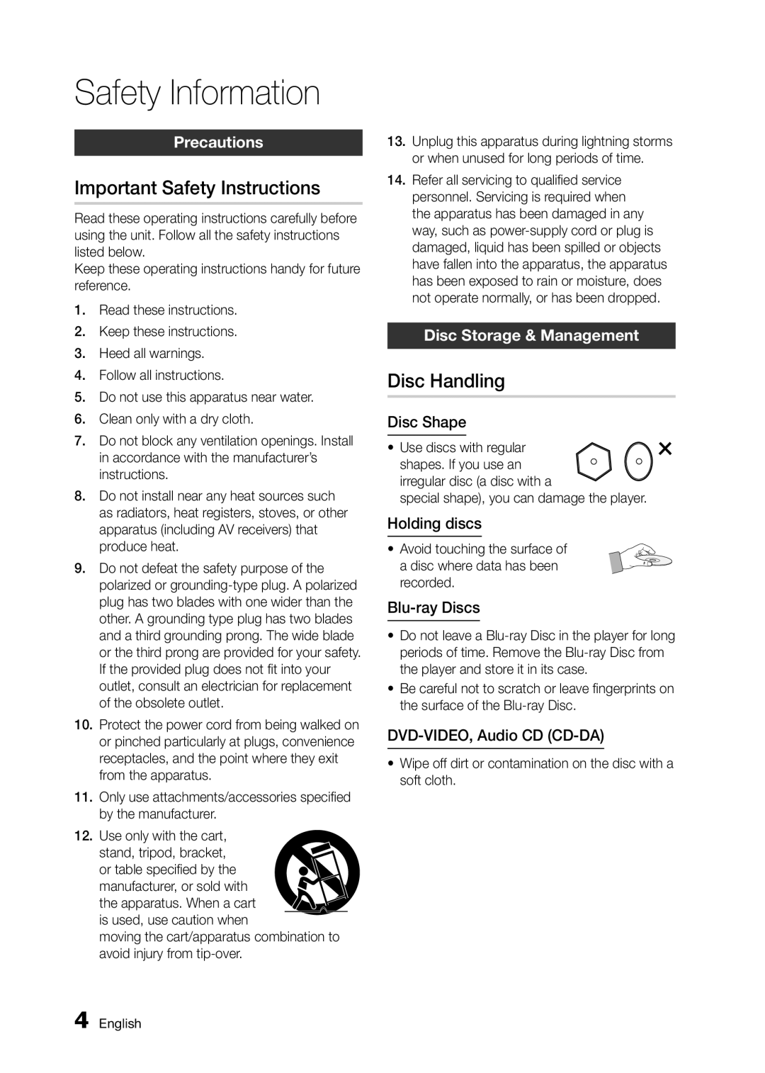 Samsung BD-D5300 user manual Important Safety Instructions, Disc Handling, Precautions, Disc Storage & Management 