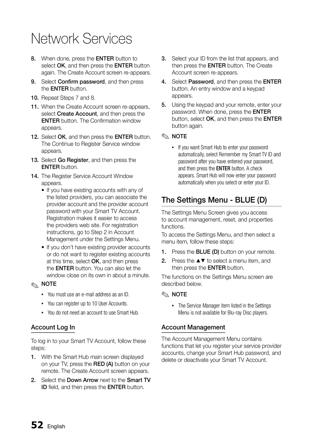 Samsung BD-D5300 user manual Settings Menu Blue D, Account Log, Account Management 