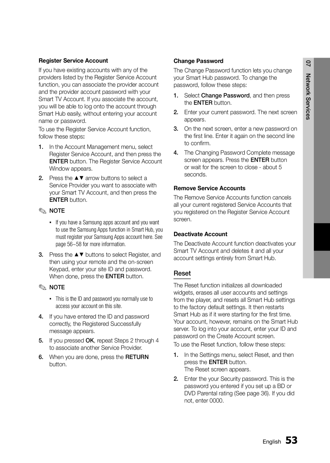 Samsung BD-D5300 user manual Reset, Register Service Account, Change Password, Remove Service Accounts, Deactivate Account 