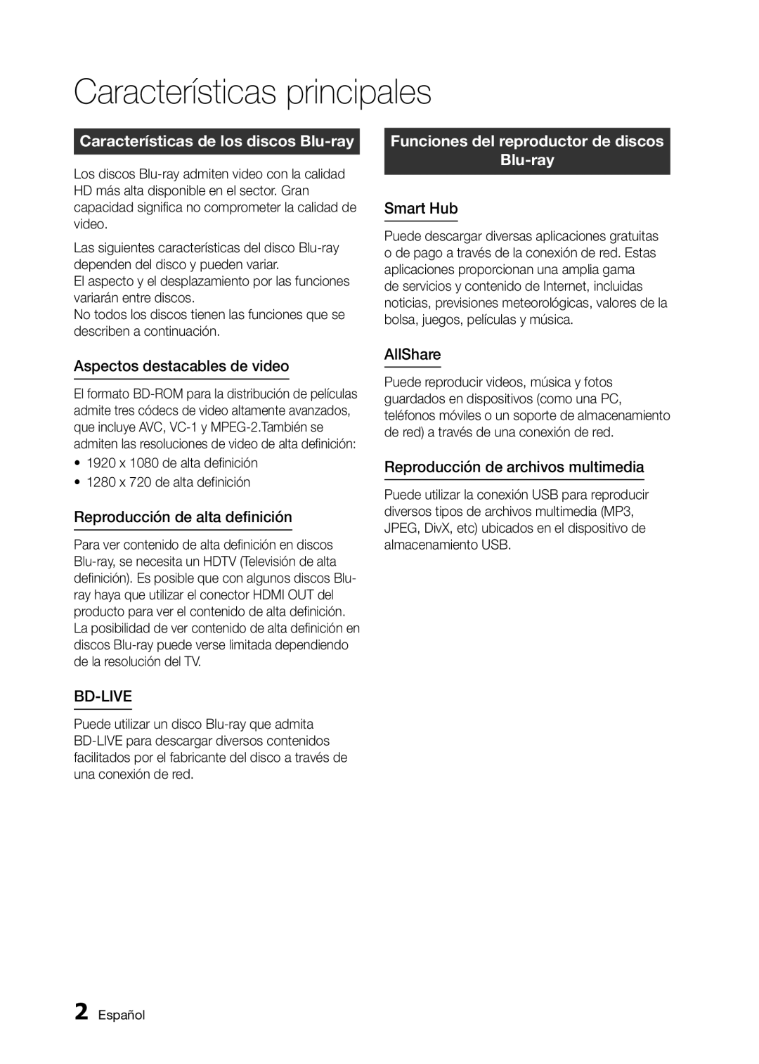 Samsung BD-D5300 user manual Características principales, Características de los discos Blu-ray 