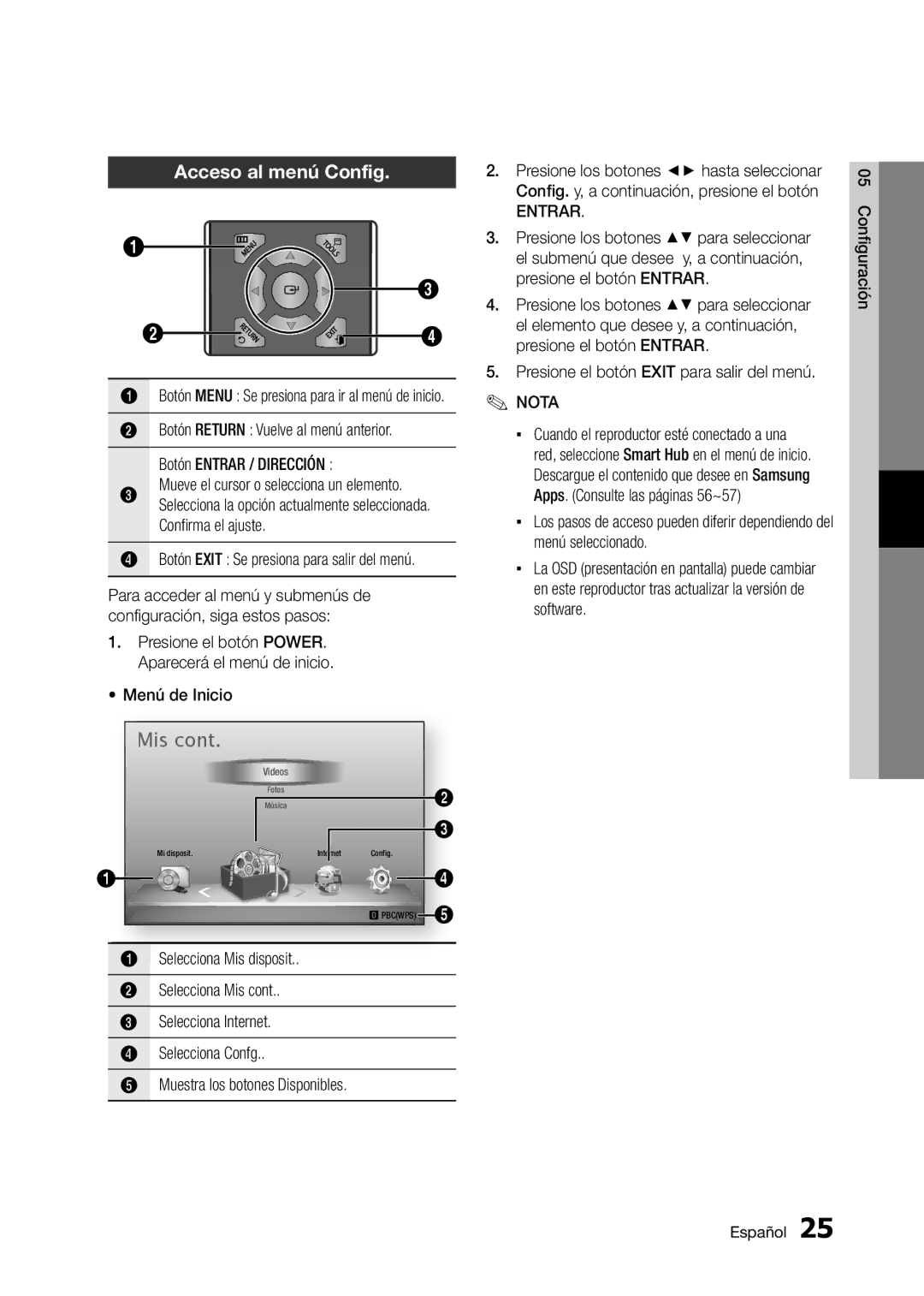 Samsung BD-D5300 user manual Acceso al menú Config, Entrar, Presione el botón Exit para salir del menú 