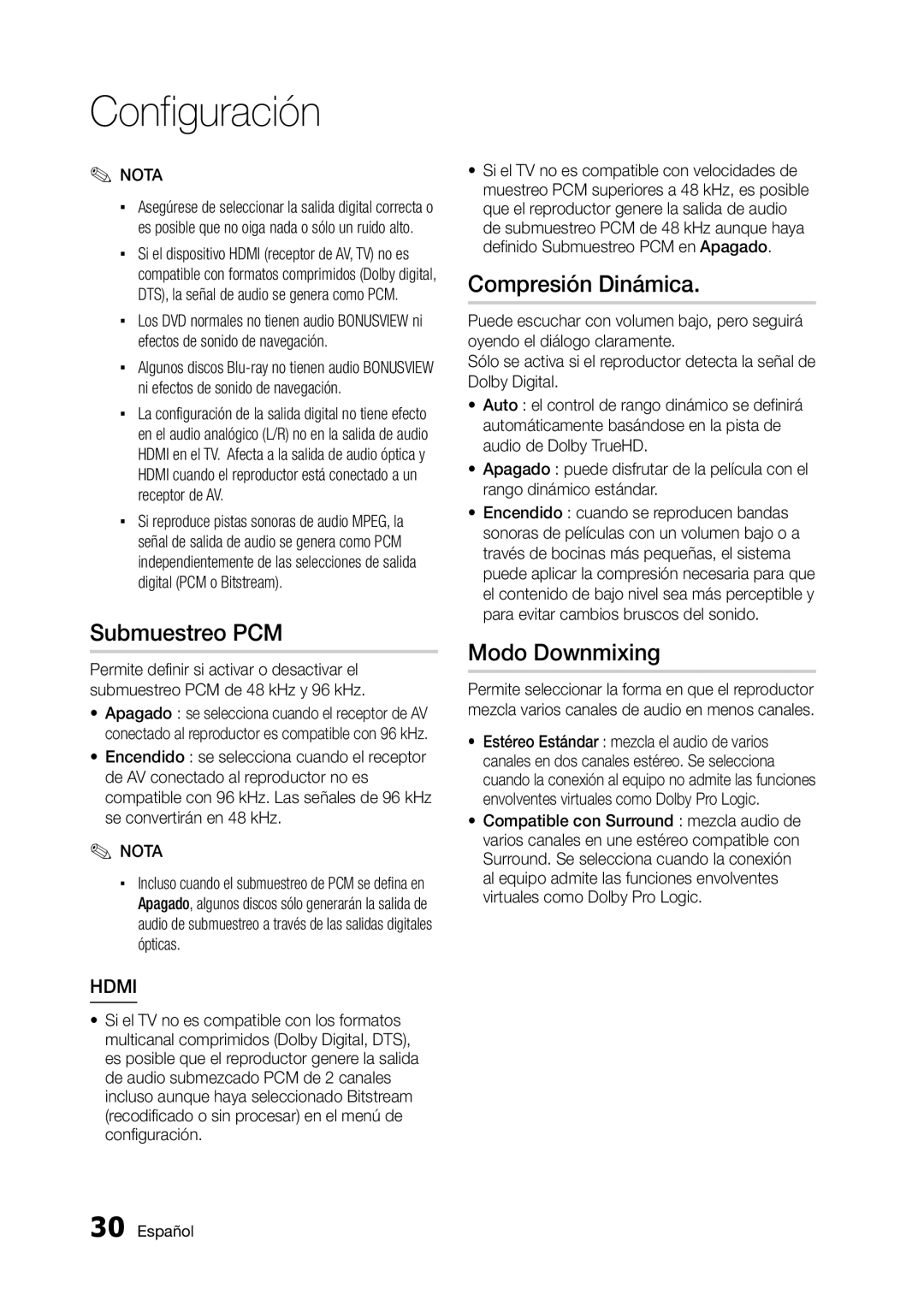 Samsung BD-D5300 user manual Submuestreo PCM, Compresión Dinámica, Modo Downmixing 