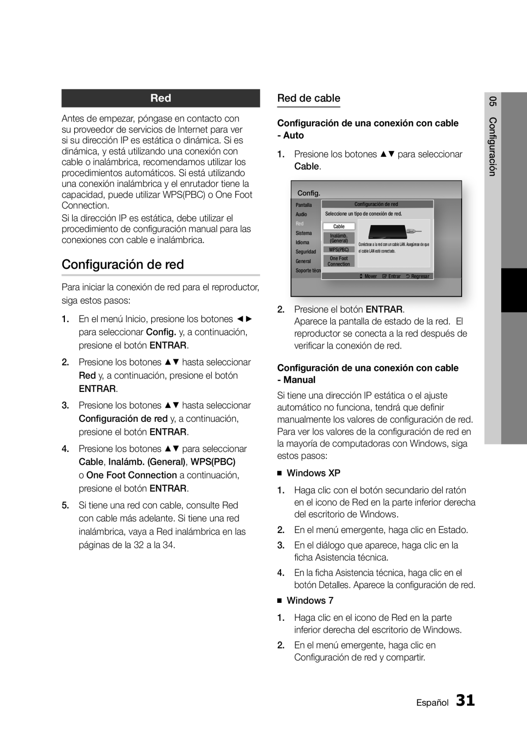 Samsung BD-D5300 user manual Configuración de red, Red de cable, Configuración de una conexión con cable Auto 