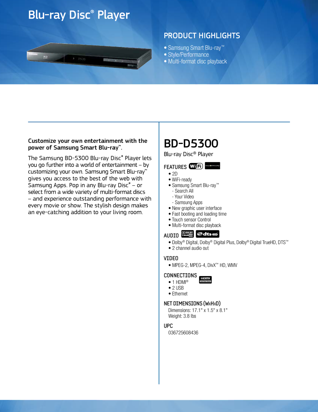 Samsung BD-D5300 dimensions Blu-ray Disc Player, Product Highlights 