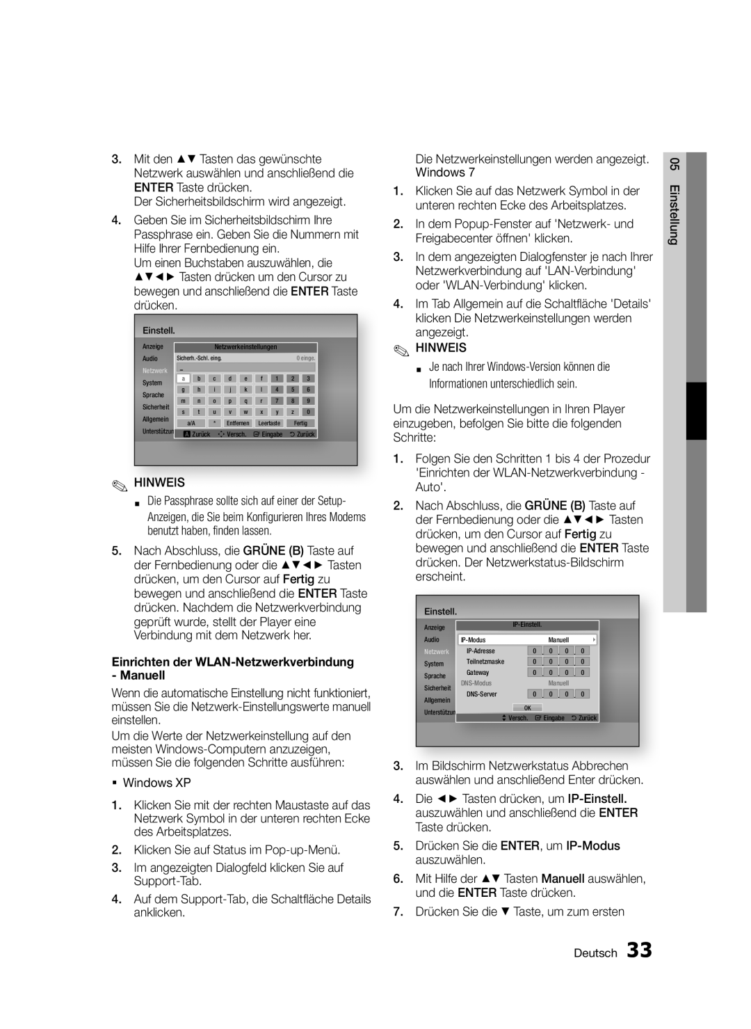 Samsung BD-D5300/XN, BD-D5300/EN Der Sicherheitsbildschirm wird angezeigt, Einrichten der WLAN-Netzwerkverbindung Manuell 