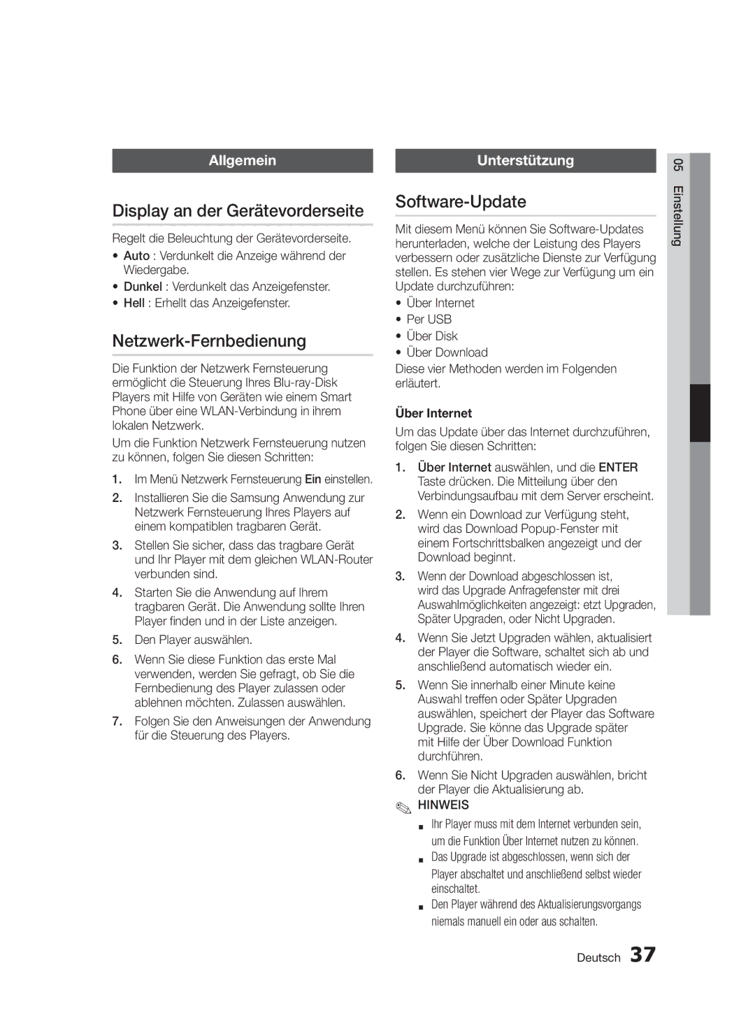 Samsung BD-D5300/XN Display an der Gerätevorderseite, Netzwerk-Fernbedienung, Software-Update, Allgemein, Unterstützung 