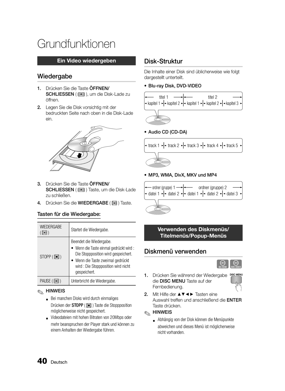 Samsung BD-D5300/EN, BD-D5300/XN, BD-D5300/ZF, BD-D5300/XE Grundfunktionen, Wiedergabe, Disk-Struktur, Diskmenü verwenden 