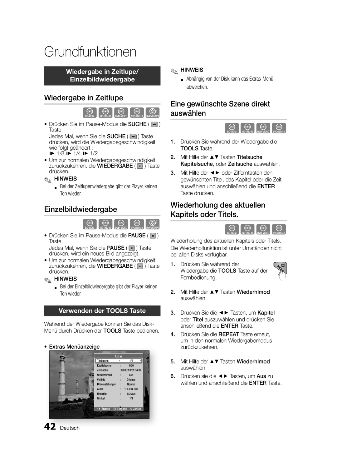 Samsung BD-D5300/ZF, BD-D5300/EN manual Wiedergabe in Zeitlupe, Einzelbildwiedergabe, Eine gewünschte Szene direkt auswählen 