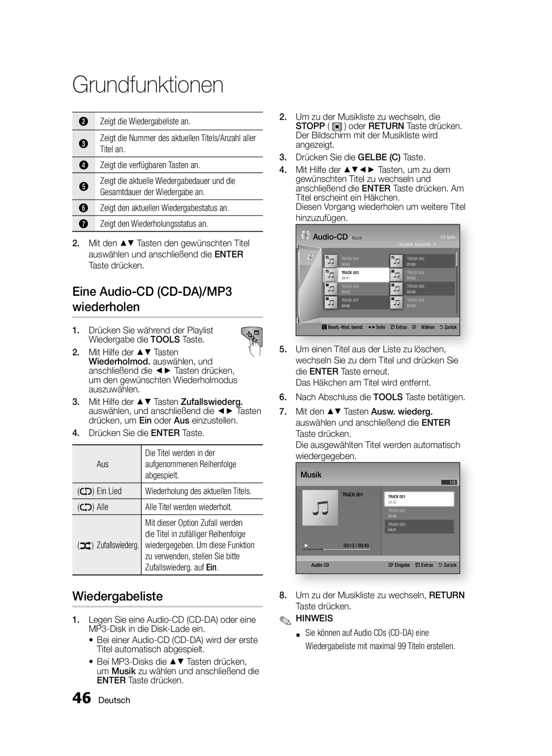 Samsung BD-D5300/ZF, BD-D5300/EN, BD-D5300/XN, BD-D5300/XE manual Eine Audio-CD CD-DA/MP3 wiederholen, Wiedergabeliste 